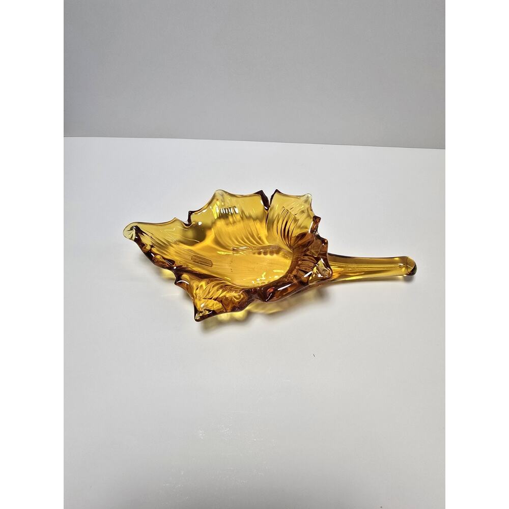 Pilgrim Glass Amber Leaf Decorative Piece Hand Blown Glass Vintage 1970s